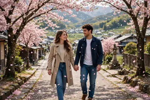Couple Wallpaper Cherry Blossom Street