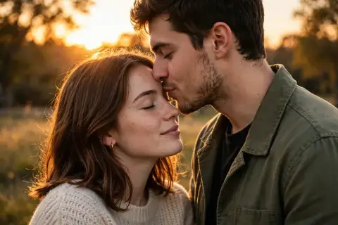 Love Couple Forehead Kiss at Golden Hour