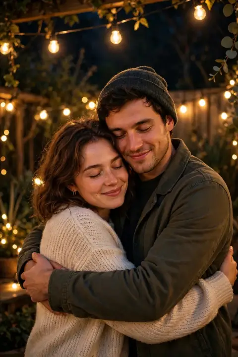 Love Couple Tight Hug in Fairy Lights
