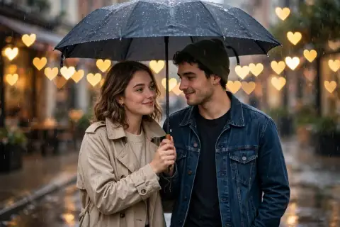 Love Couple Walking Under One Umbrella