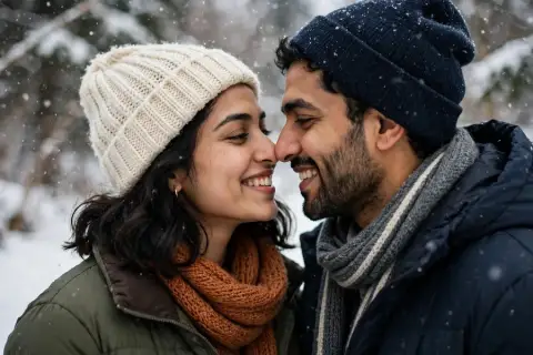 Eskimo Kiss Couple Snow