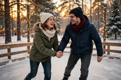 Romantic Couple Ice Skating Date