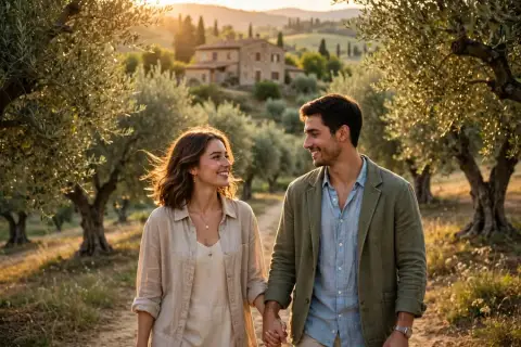Romantic Couple in a Tuscany Olive Grove