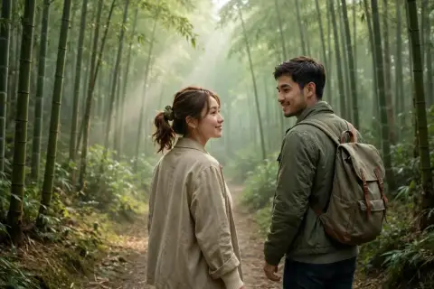 Romantic Couple in a Bamboo Forest