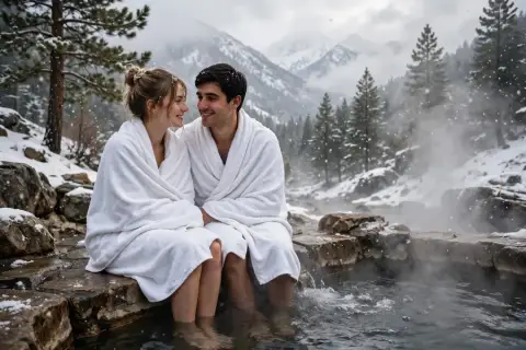 Romantic Couple at a Snowy Hot Spring