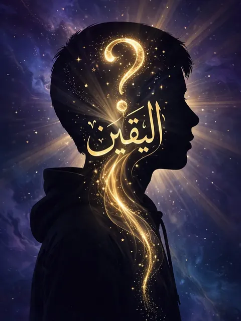 illustration for teenagers, side silhouette of a young person. Inside the head a question mark transforming into light t. Deep purple and blue tones, minimalist and , v. — ChatGPT Prompt