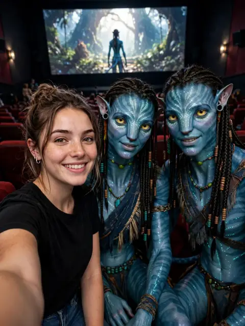 Girl Taking Selfie with Avatar Characters in Cinema — ChatGPT Prompt