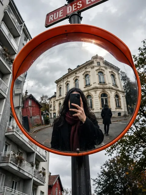 Reflected Self-Portrait in an Urban Convex Traffic Mirror — ChatGPT Prompt