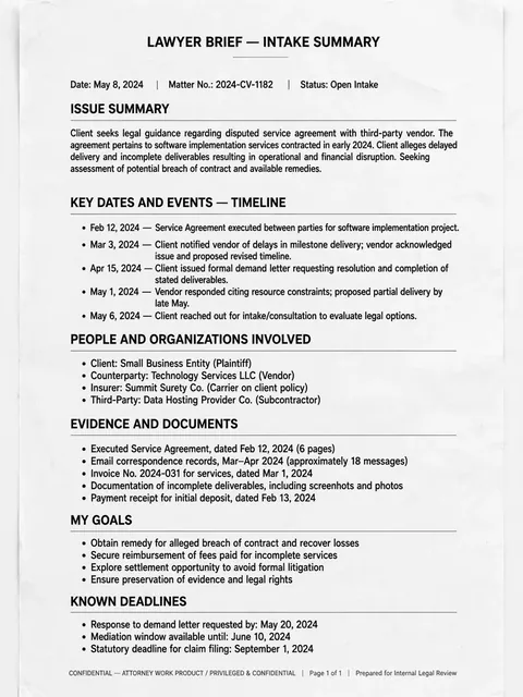 I Think I Need a Lawyer — Neutral Legal Intake Organizer — ChatGPT Prompt