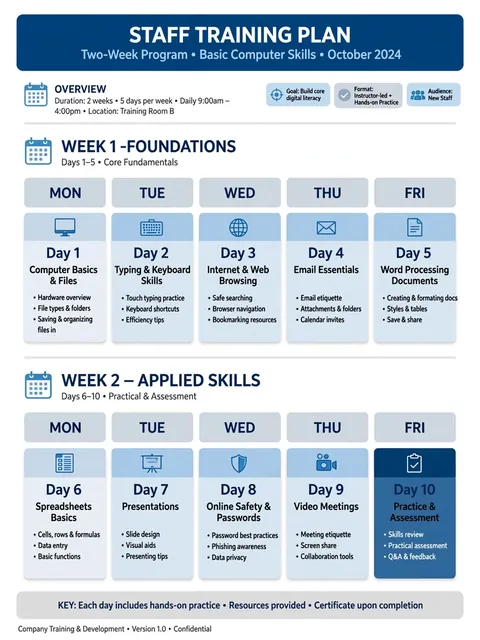 Draft a 2-week plan on the basic skills of computer knowledge for a company that has outlets across the country — ChatGPT Prompt