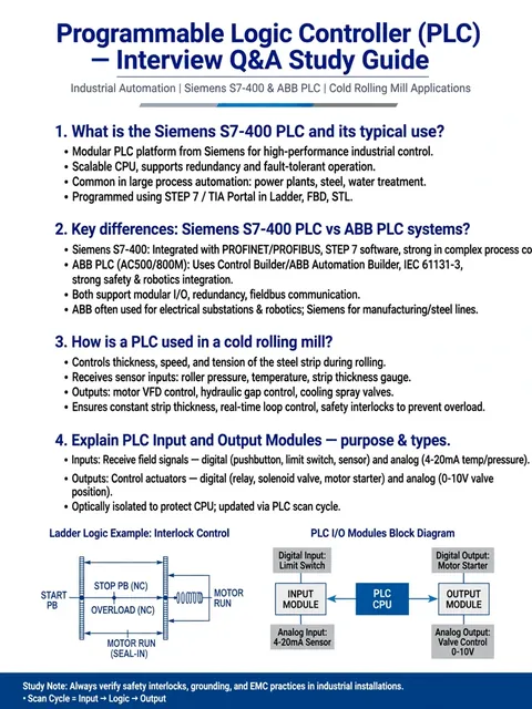 Programming Logic Controller PLC interview questions and answers. Add S7400 Simens PLC and ABB PLC. — ChatGPT Prompt