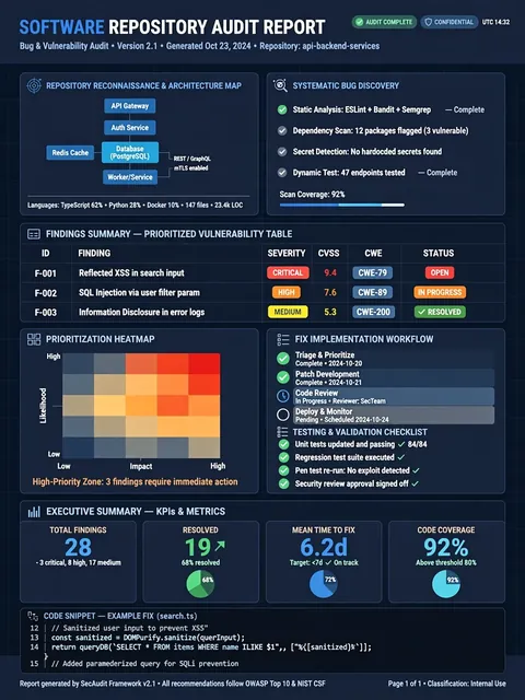 Comprehensive Framework for Auditing, Detecting, and Remediating Bugs and Vulnerabilities in Multi-Stack Repositories — ChatGPT Prompt