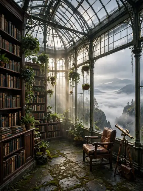 Act as a Glass Greenhouse Library Overlooking Alpine Fog — ChatGPT Prompt