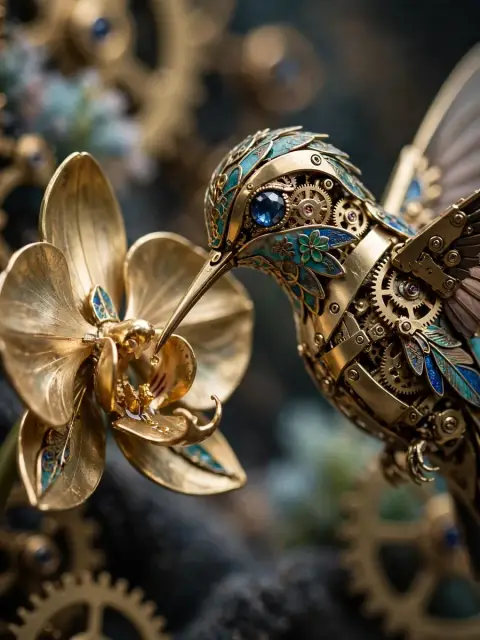 Clockwork Hummingbird Drinking From a Brass Flower — ChatGPT Prompt