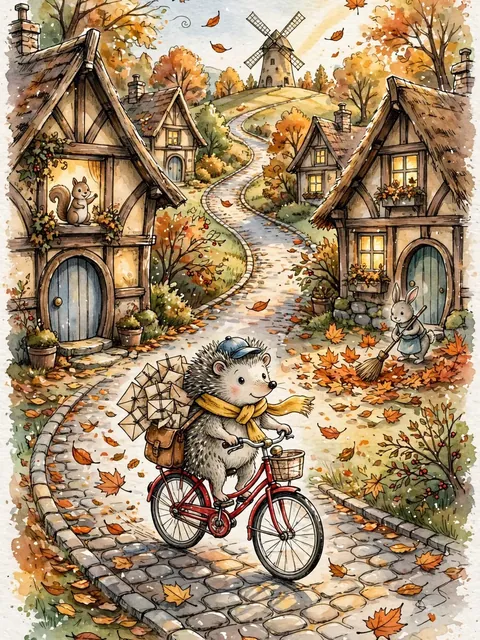 Hedgehog Postman in an Autumn Village (Watercolor Storybook) — ChatGPT Prompt