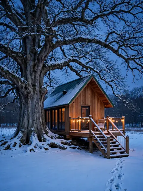 Cedar Treehouse Retreat on a Snowy Winter Evening (Front Right View) — ChatGPT Prompt