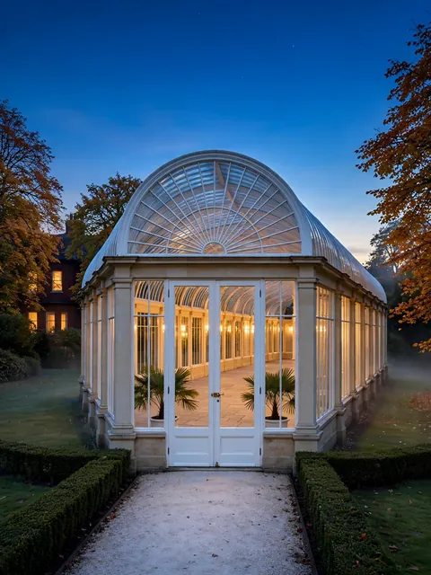 Victorian Glass Conservatory at Blue Hour (Garden Approach View) — ChatGPT Prompt