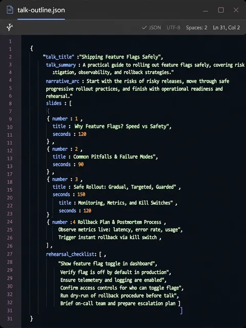 Act as a Conference Talk Slide Outline Builder (JSON) — ChatGPT Prompt