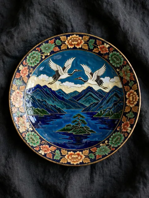 Cloisonné Enamel Dish of Two Cranes Over a Mountain Lake — ChatGPT Prompt
