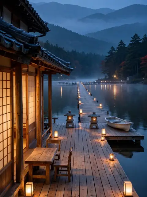 Floating Cedar Teahouse Deck at Lantern Dusk (Looking Out to the Lake) — ChatGPT Prompt