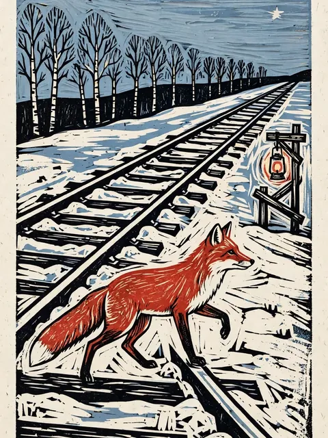 Linocut Print of a Red Fox Crossing Snowy Railway Tracks at Dusk — ChatGPT Prompt