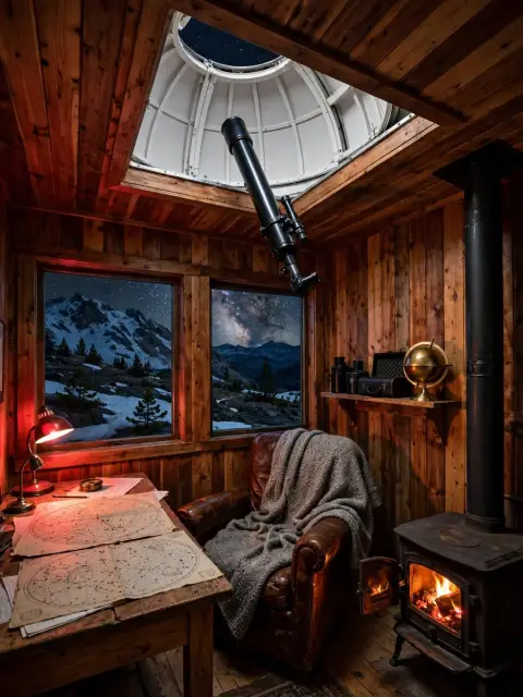 Cedar Observatory Cabin Warm Interior Looking Out to the Stars — ChatGPT Prompt