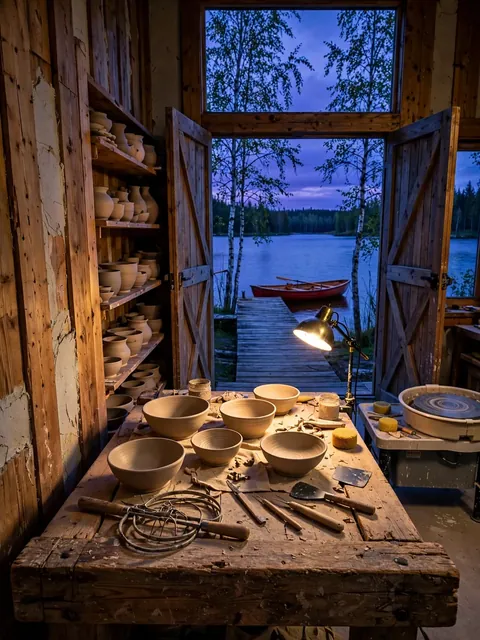 Lakeside Pottery Studio Workbench at Blue Hour (Looking Out to the Water) — ChatGPT Prompt