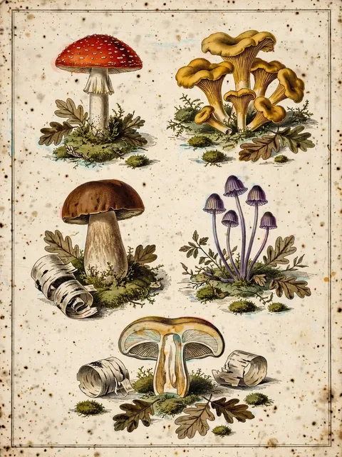 Vintage Chromolithograph Plate of Forest Mushrooms and Mosses — ChatGPT Prompt