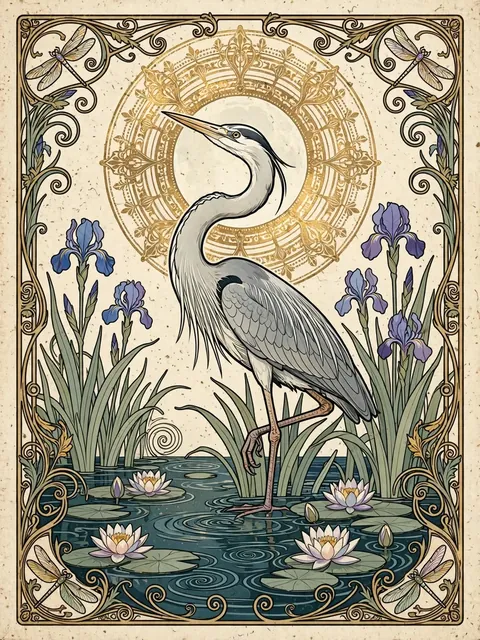 Art Nouveau Panel of a Grey Heron Among Blue Irises in a Moonlit Pond — ChatGPT Prompt