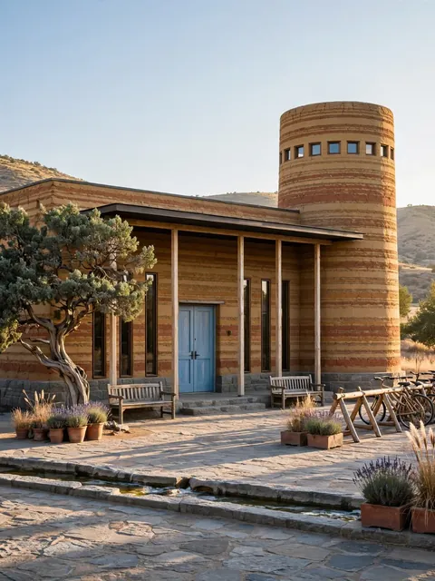 Rammed Earth Village Library on a Sunny Plaza (Morning Exterior) — ChatGPT Prompt