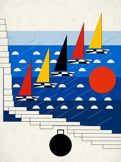 Bauhaus Geometric Poster of a Sailboat Regatta on a Blue Bay — ChatGPT Prompt