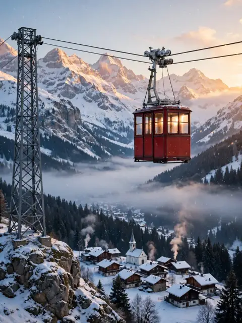Red Alpine Cable Car Above a Snowy Valley at Winter Sunrise — ChatGPT Prompt