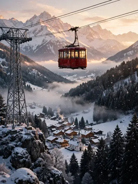 Red Alpine Cable Car at Winter Sunrise (Image-to-Video Animation) — ChatGPT Prompt