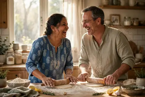 Anniversary Couple Cooking Together at Home