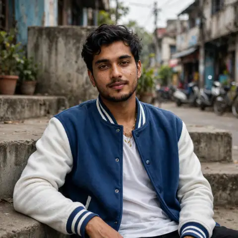 Blue Varsity Jacket Sit-Down Portrait