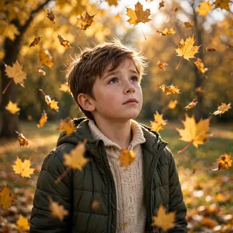 Boy Autumn Leaves
