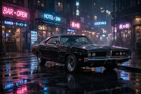 Neon Night Street Muscle Car