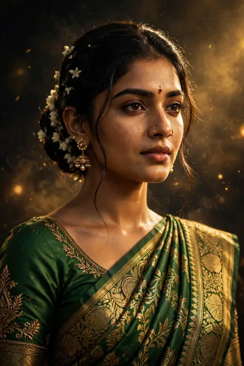 Cinematic Name Poster Green Saree Prompt