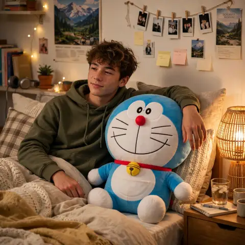 Boy with Doraemon in Bedroom