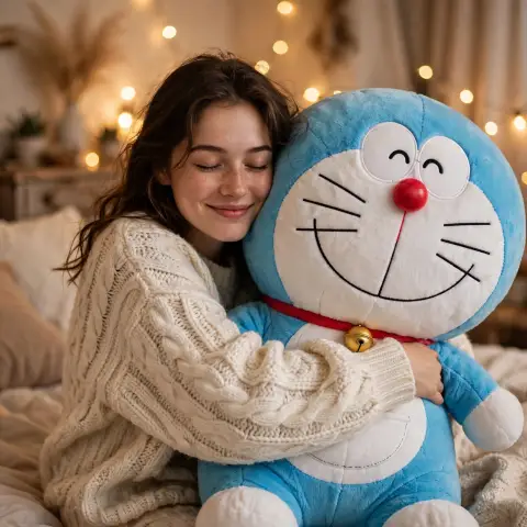 Girl Hugging Doraemon Plush