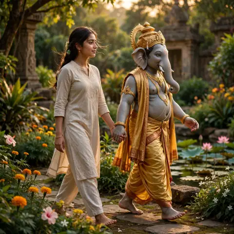 Girl Walking with Lord Ganesha