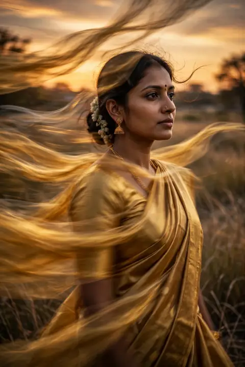 Golden Saree Motion-Blur Portrait