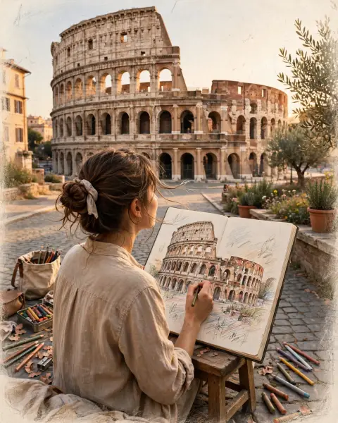 Cinematic Travel Artist Sketching Landmark