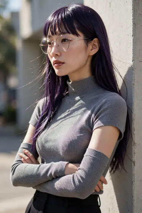 East Asian Woman in Gray Turtleneck Concrete Wall