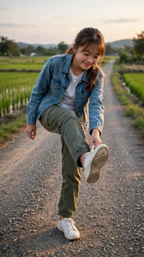 Girl Looking at Shoe on Country Road