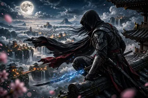 Hooded Assassin on Temple Rooftop Fantasy Art