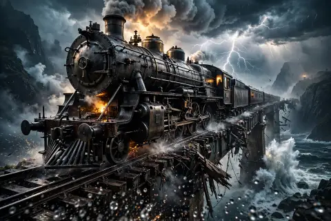 Steam Locomotive Collapsing Bridge Storm