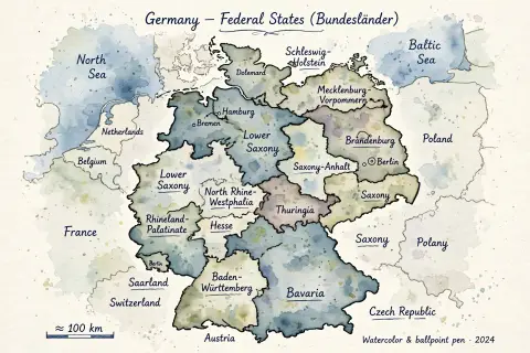 Watercolor map of Germany with labeled states
