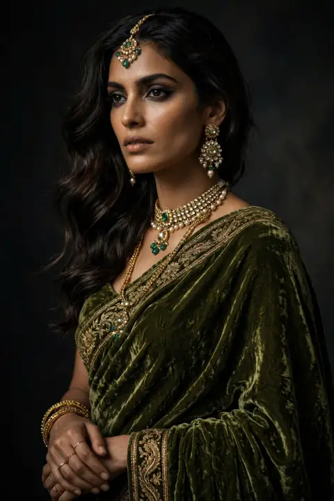 Olive Velvet Saree Portrait
