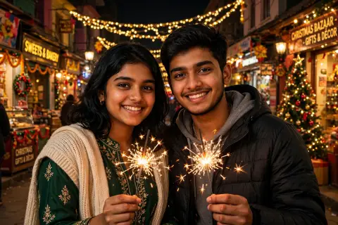 Portrait of an 18-Year-Old Indian Couple Celebrating...